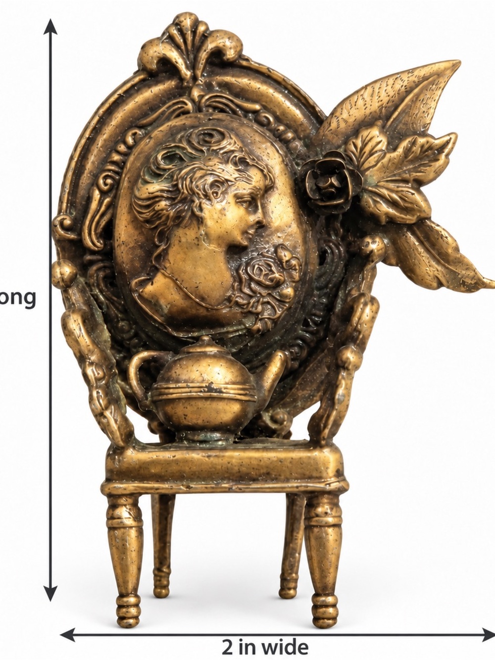 Ornate Chair Brooch Pin Lady Cameo Floral Teapot Gold Tone 3.5”